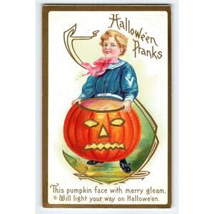 Vintage 1913 Halloween Pranks Postcard Boy in Pumpkin Costume Divided Back
